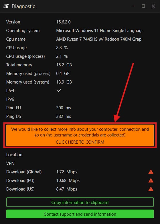 The Diagnostic window with the Click here to confirm banner, measured speeds and the Copy information to clipboard and Contact support and send information buttons.