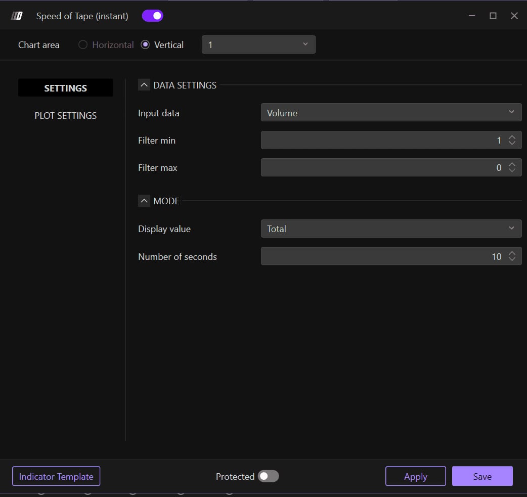 La section Data Settings de l'onglet Settings, avec Données d'entrée, Filtre min et Filtre max.
