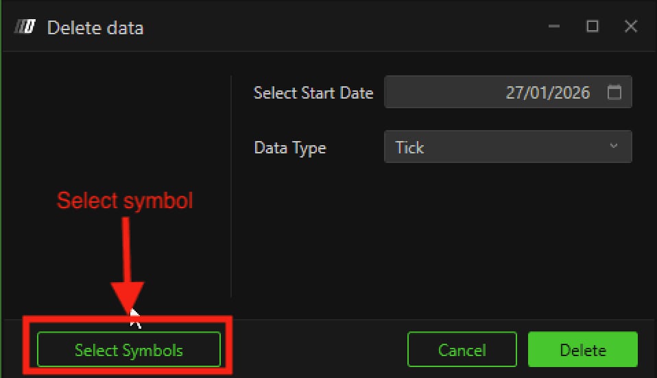 The Delete data window with Select Start Date, Data Type and the Select Symbols button highlighted.