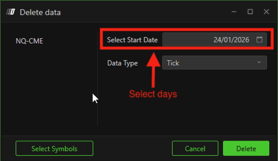 NQ-CME selected on the left, Select Start Date highlighted, Data Type on Tick.