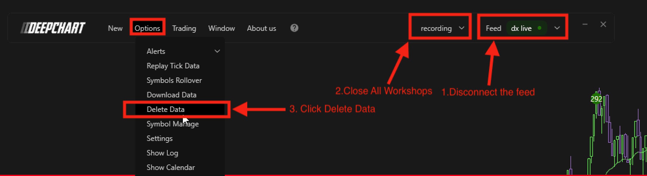 Wipe the damaged history of a single instrument so DeepCharts downloads it again: the built-in method first, the symbol folder as a fallback.