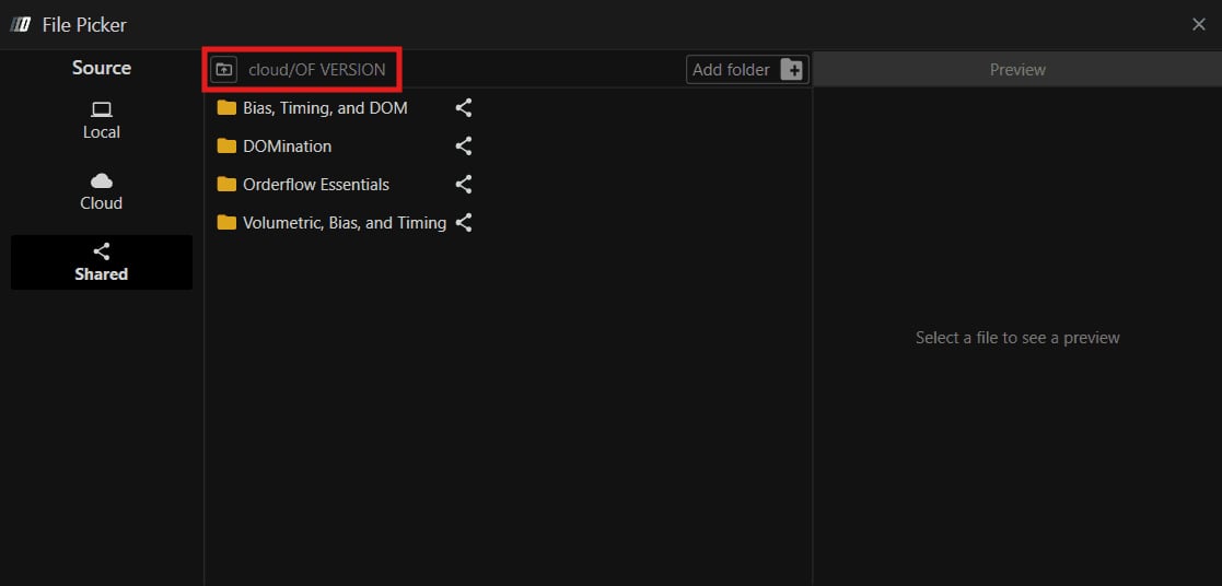 The File Picker on Shared, cloud/OF VERSION, with the four workspace folders.