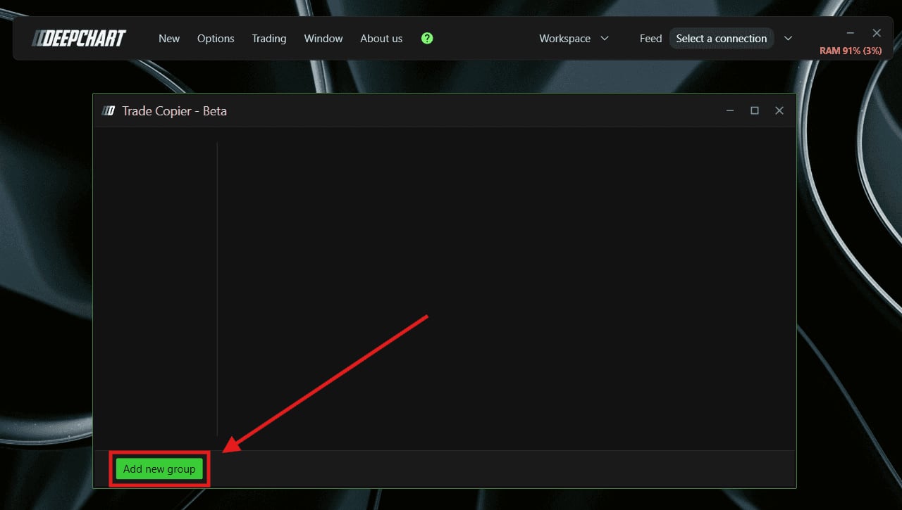 La fenêtre Trade Copier - Beta vide, avec le bouton Add new group pointé par une flèche.