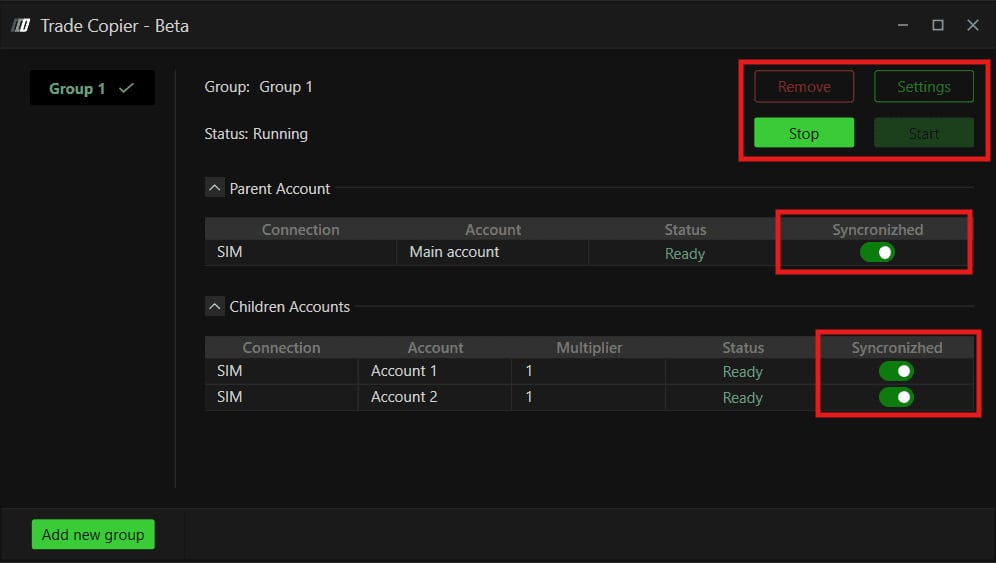 Un groupe en statut Running, boutons Remove, Settings et Stop, et interrupteurs Syncronizhed encadrés.