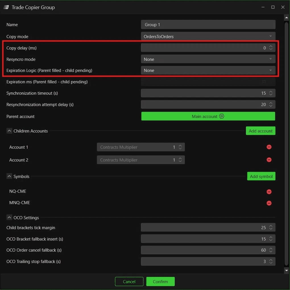 La fenêtre Trade Copier Group avec Copy delay à 0, Resyncro mode et Expiration Logic sur None.