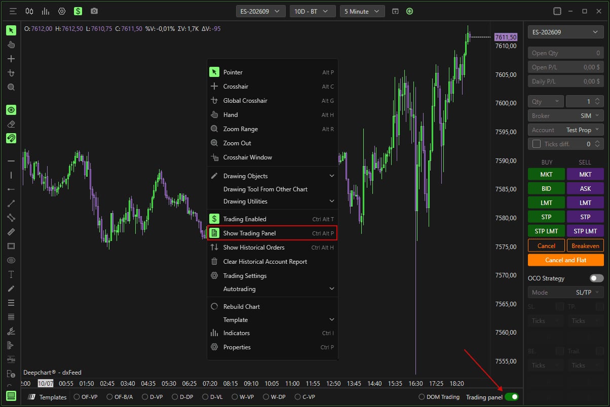 The right click menu with Show Trading Panel highlighted, and an arrow to the Trading panel switch.