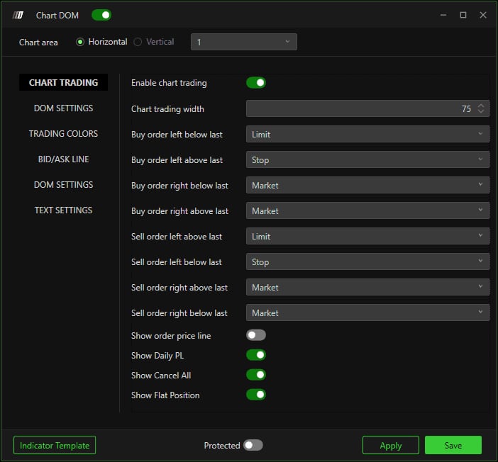 The Chart DOM window on the CHART TRADING tab, with Enable chart trading, Chart trading width and the eight click rules.