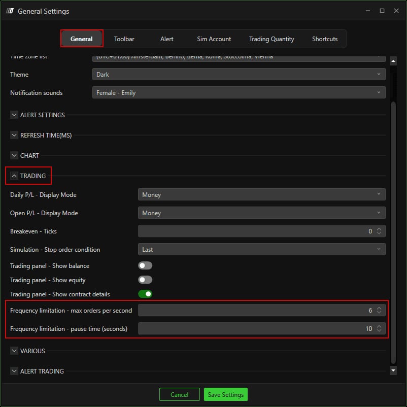 The General Settings window, TRADING section, with both Frequency limitation fields highlighted.